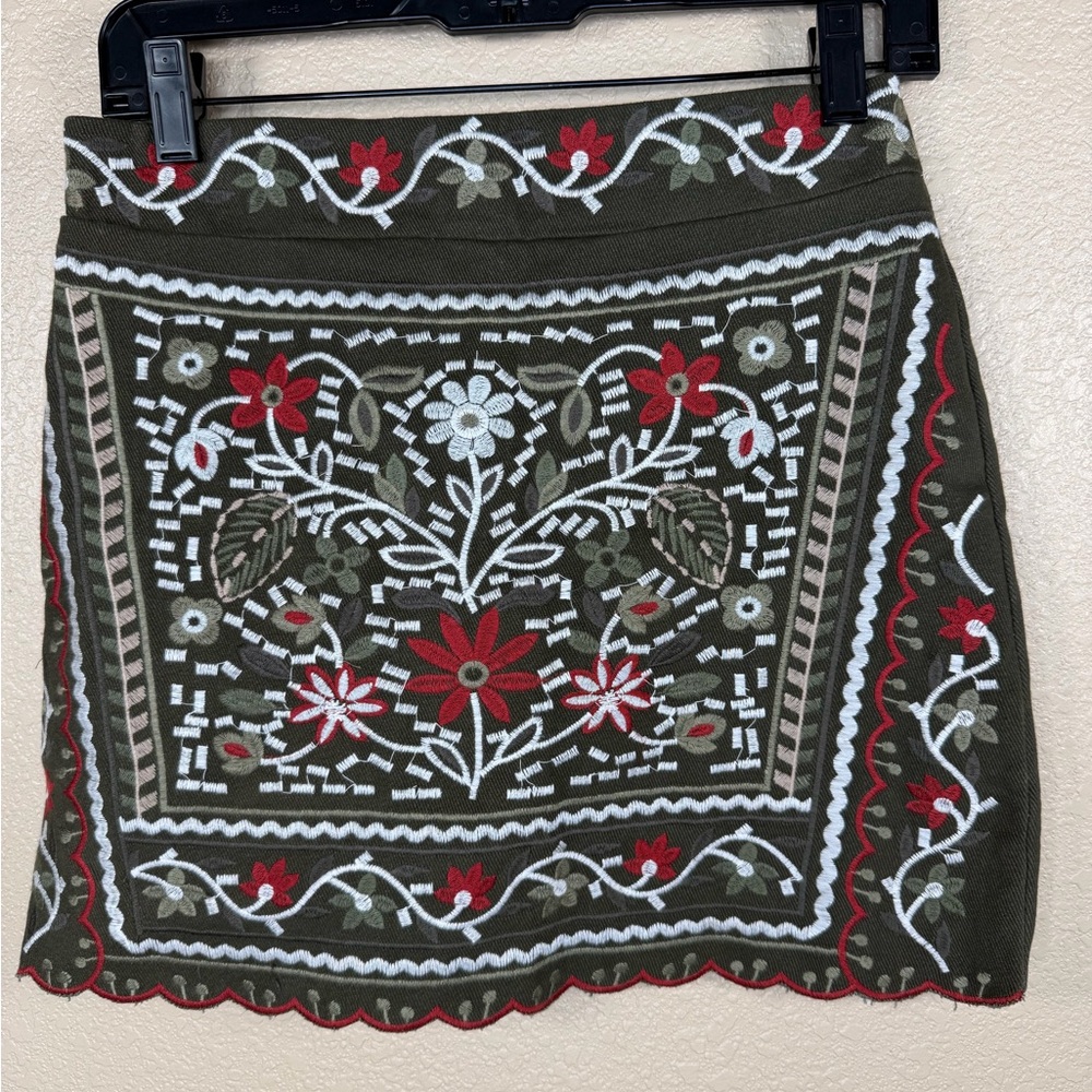 Mi Ami Olive Embroidered Floral Mini Skirt with Red & White Accents Festival